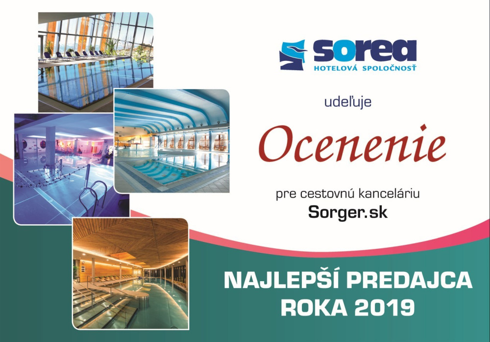 Certifikát od hotelovej spoločnosti SOREA – Domalenka ako Sorger najlepší predajca za rok 2019