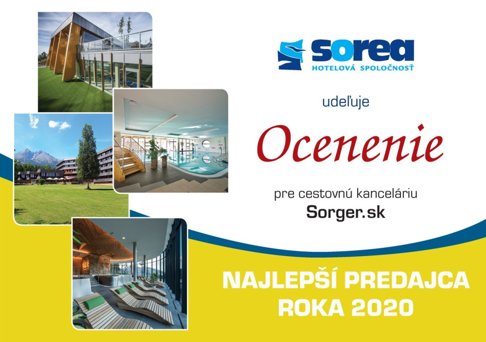 Certifikát od hotelovej spoločnosti SOREA – Domalenka ako Sorger TOP predajca za rok 2020