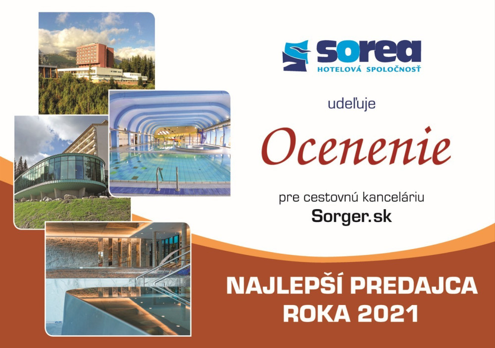 Certifikát od hotelovej spoločnosti SOREA – Domalenka ako Sorger TOP predajca za rok 2021